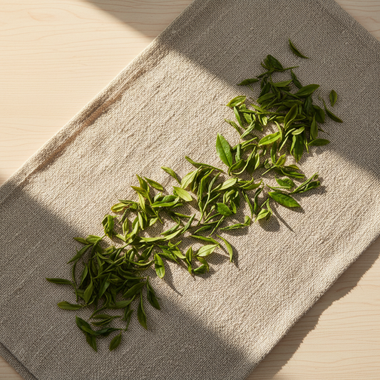 Hojas de té verde sobre lienzo de lino con luz dorada natural, composición minimalista