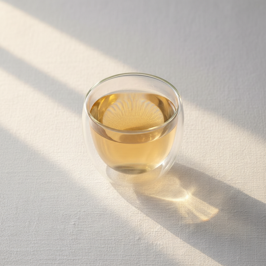 Infusión de tila en taza de doble vidrio térmico sobre mesa minimal