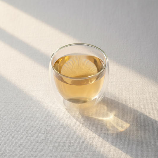 Infusión de tila en taza de doble vidrio térmico sobre mesa minimal