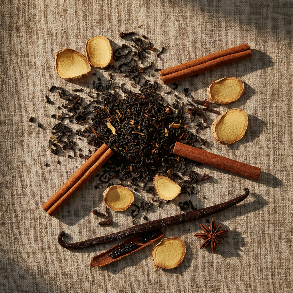 Té negro con jengibre, canela, clavo y vainilla sobre lienzo de lino con luz dorada natural