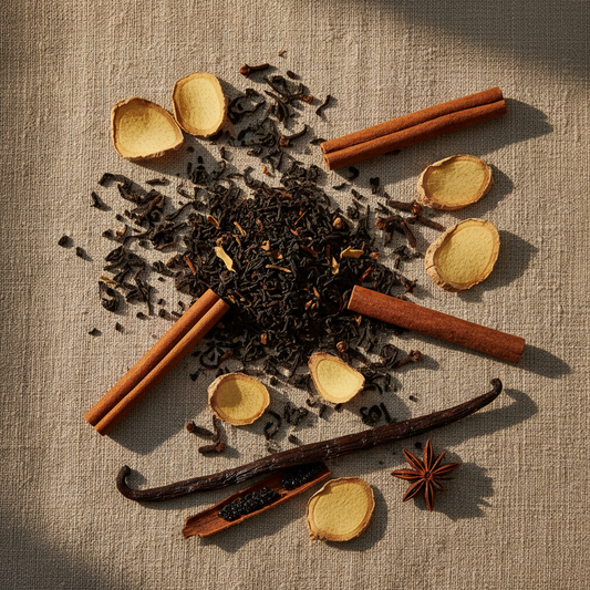 Té negro con jengibre, canela, clavo y vainilla sobre lienzo de lino con luz dorada natural