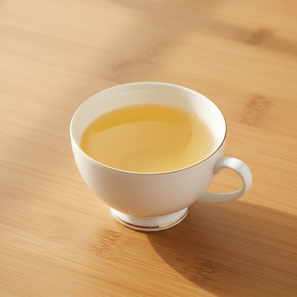 Té blanco Pai Mu Tan servido en taza baja y plana de porcelana bone china clásica con filo dorado, líquido dorado pálido luminoso, mesa de bambú natural con luz dorada