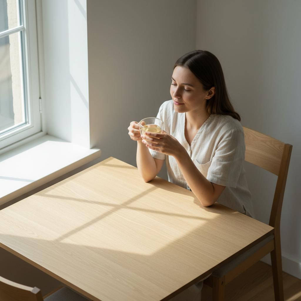 Mujer joven bebiendo infusión de melisa en taza de doble vidrio, mesa minimal, calma postcomida