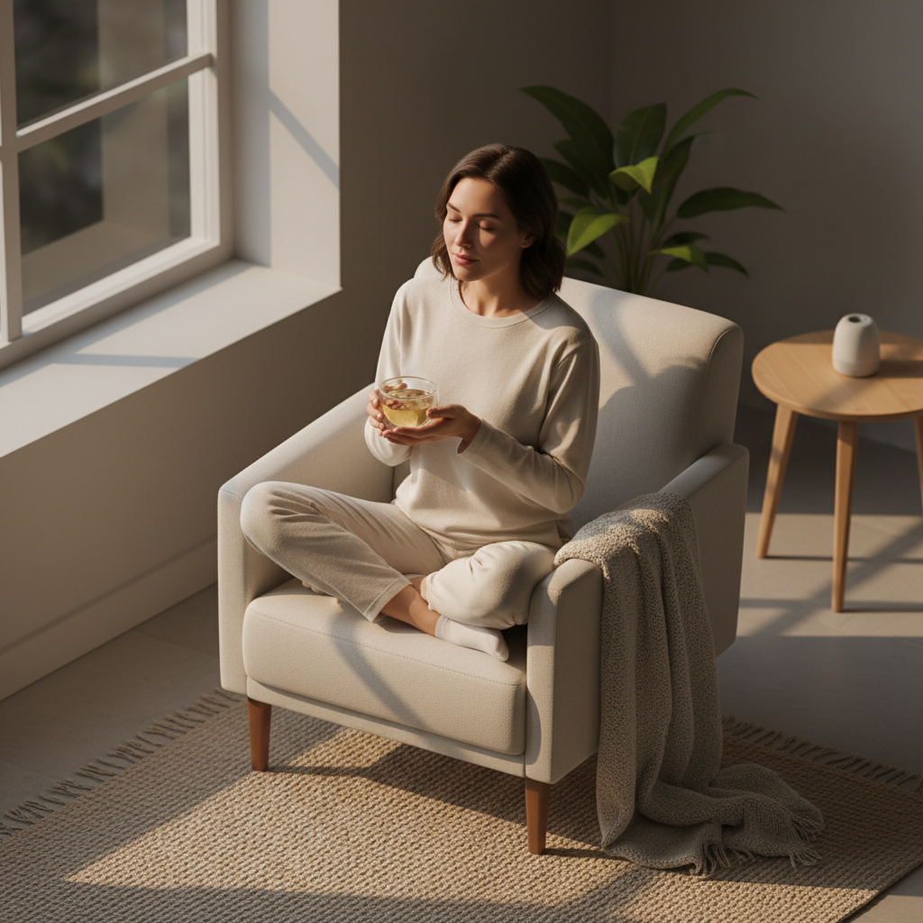 Mujer joven bebiendo infusión de espino blanco en taza de doble vidrio, sillón minimal al atardecer, calma profunda
