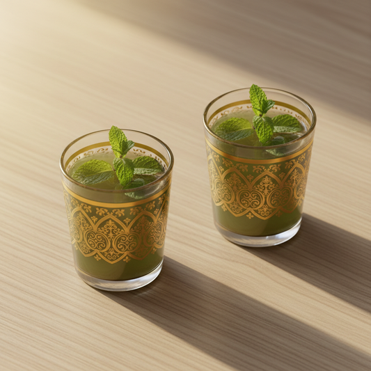 Dos vasitos marroquíes con arabescos dorados con té verde de menta y hojas flotando sobre madera de fresno con luz dorada