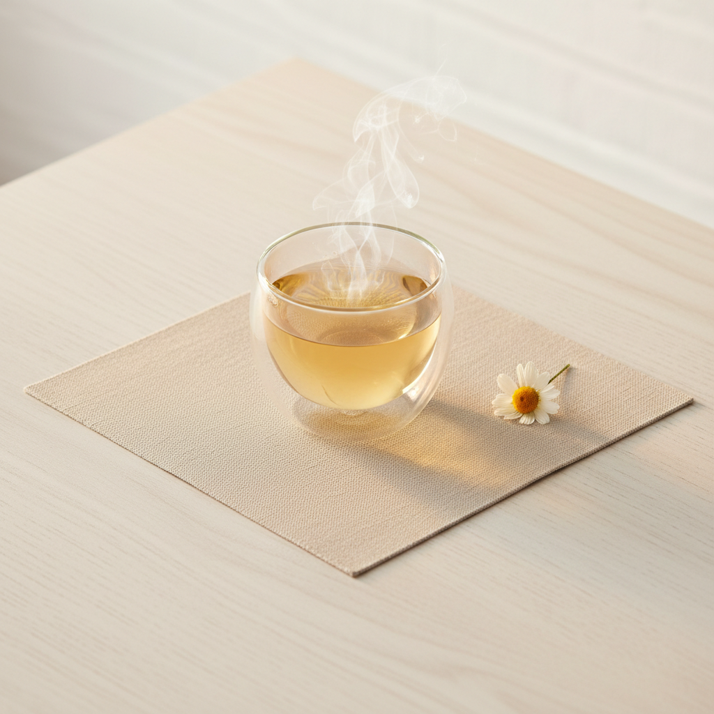 Infusión DIGESCOL servida en taza de cristal de doble pared sobre mesa minimal con luz dorada