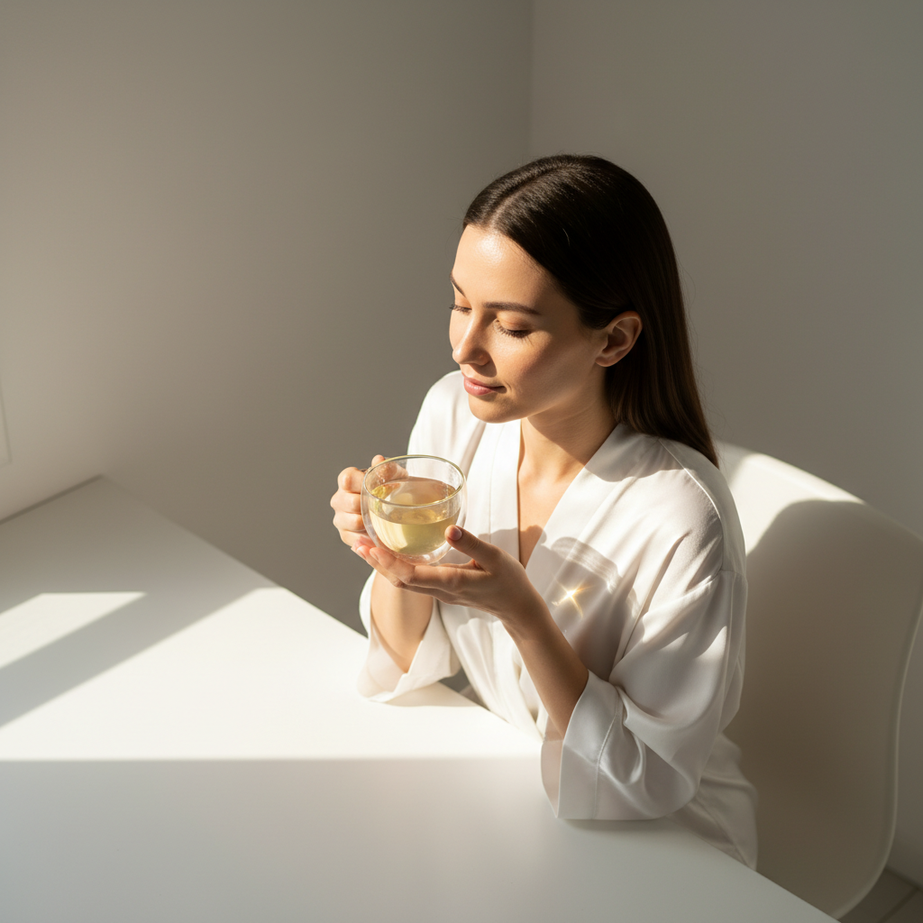 Mujer joven bebiendo infusión de cola de caballo en taza de doble vidrio, ritual de autocuidado matutino, ambiente minimal