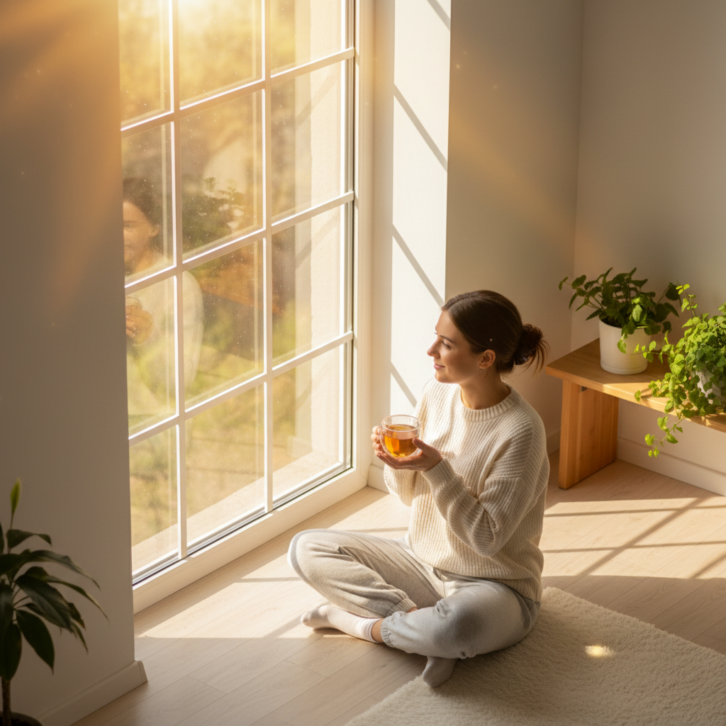 Mujer joven bebiendo infusión de hipérico junto a ventana soleada, reconectando con la luz, bienestar emocional