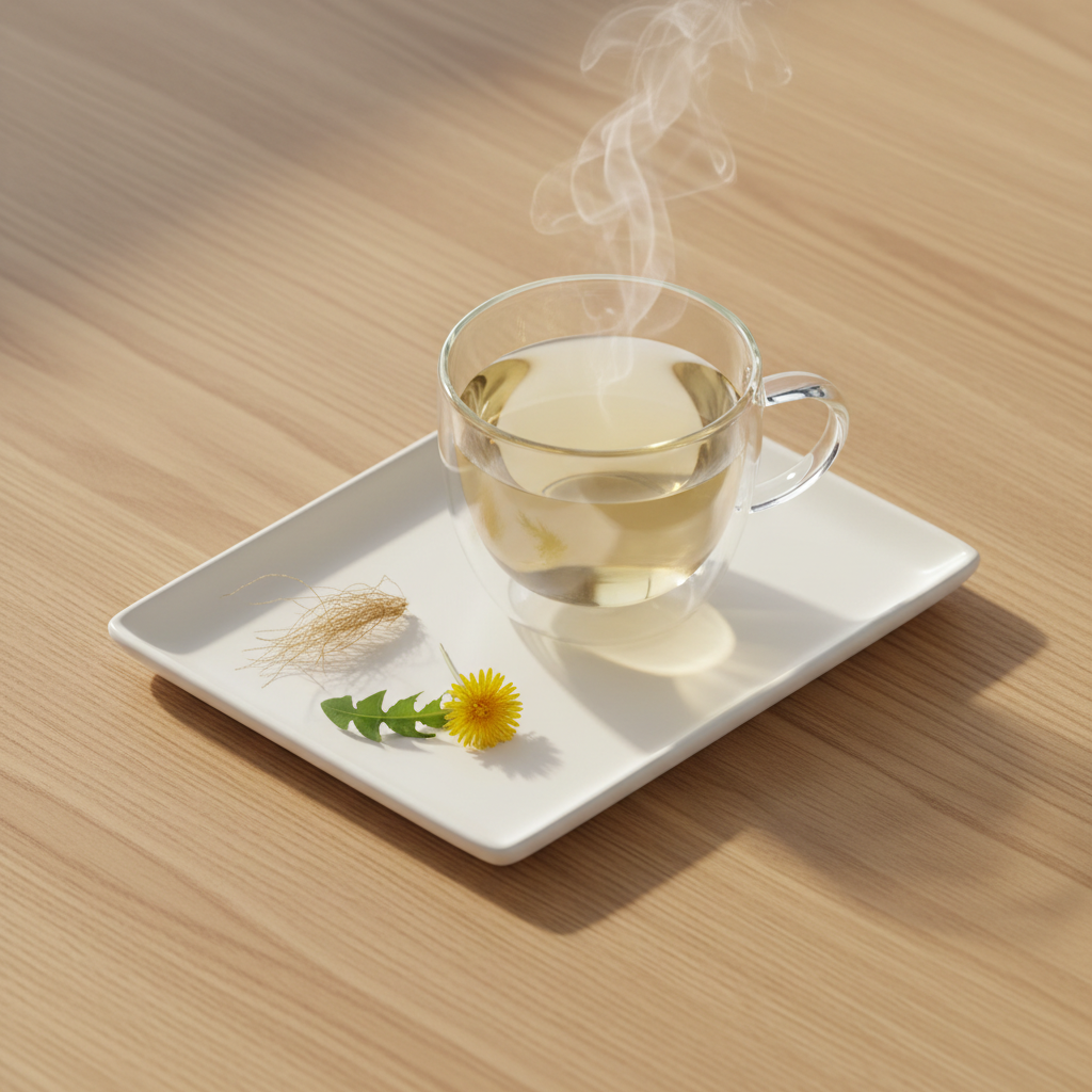 Infusión DIURMODEL servida en taza de cristal de doble pared dorado-verde pálido sobre bandeja blanca minimal