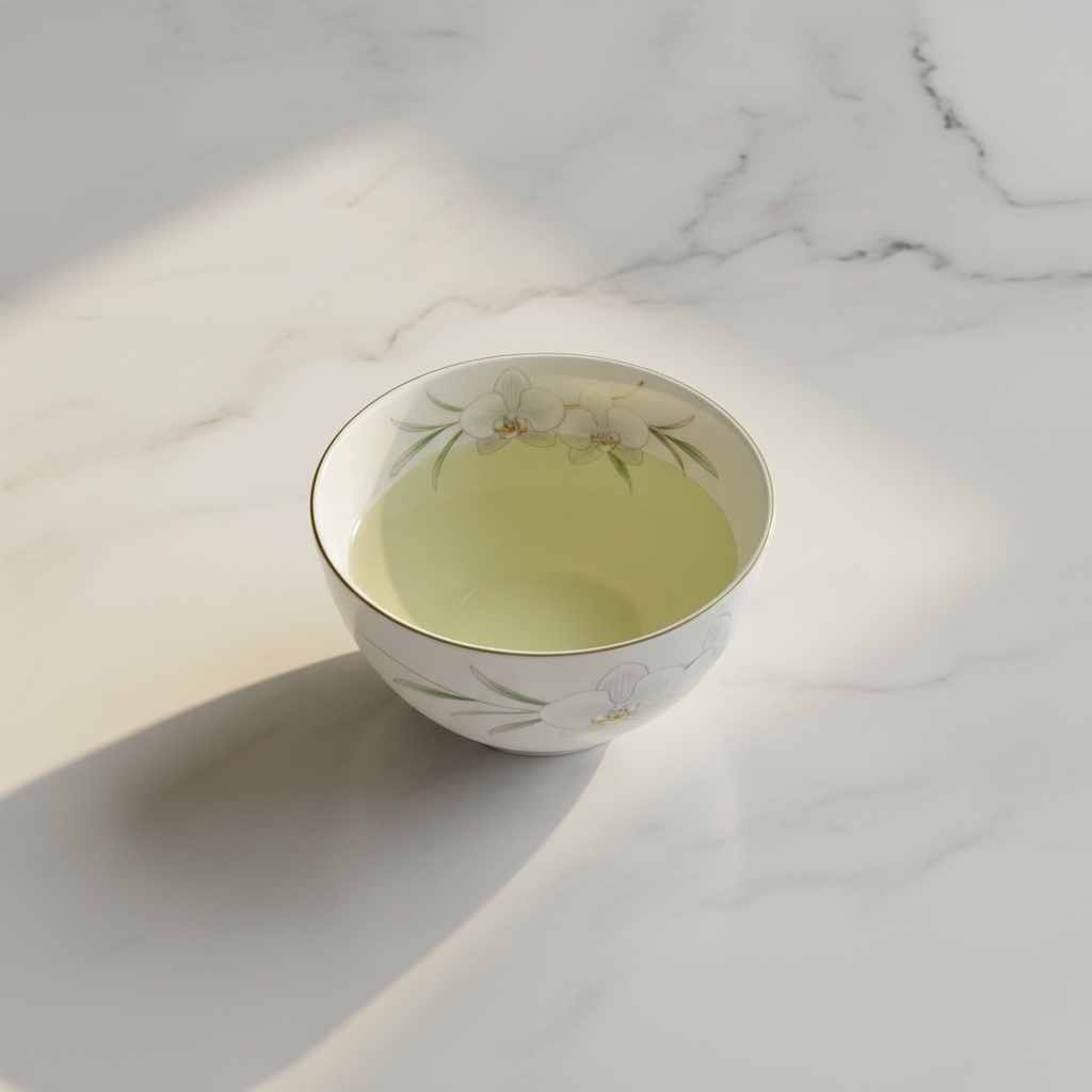 Té verde orquídea servido en taza baja y plana de porcelana bone china moderna con detalle floral, líquido verde-amarillo pálido luminoso, mesa de mármol blanco con luz dorada