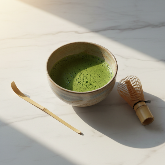 Ritual de matcha ceremonial completo: chawan con matcha verde esmeralda espumoso, chasen y chashaku de bambú sobre mármol blanco veteado con luz dorada premium