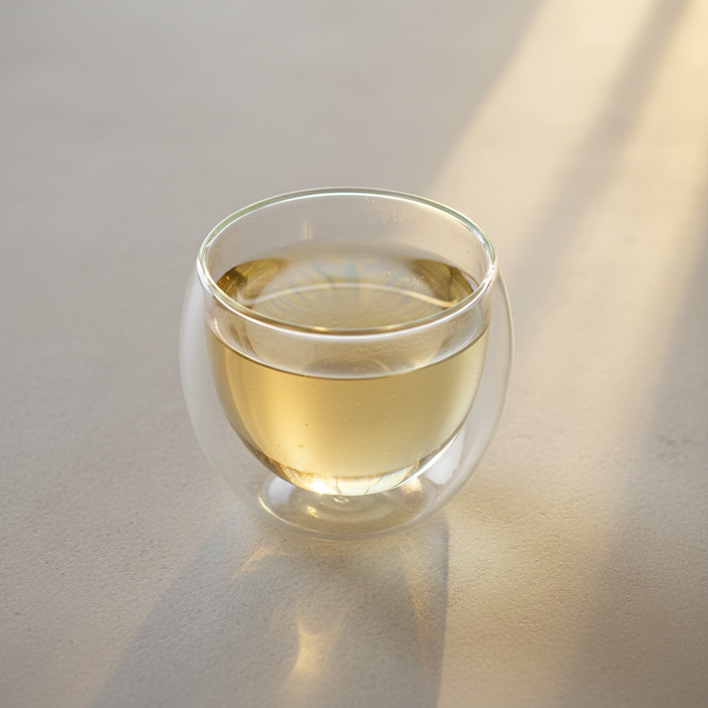 Infusión de cola de caballo en taza de doble vidrio térmico sobre mesa minimal