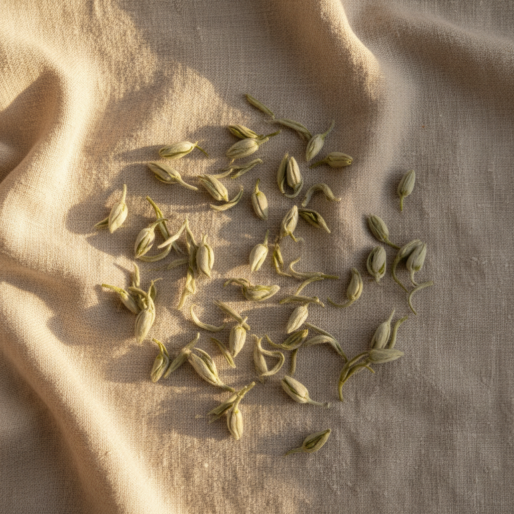 Hojas y yemas de té blanco sobre lienzo de lino con luz dorada natural, composición minimalista