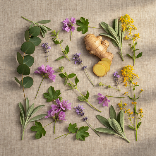 Plantas frescas BRONQUIFLU: eucalipto, malva, lavanda, salvia, mejorana, erísimo y jengibre sobre lienzo de lino con luz dorada