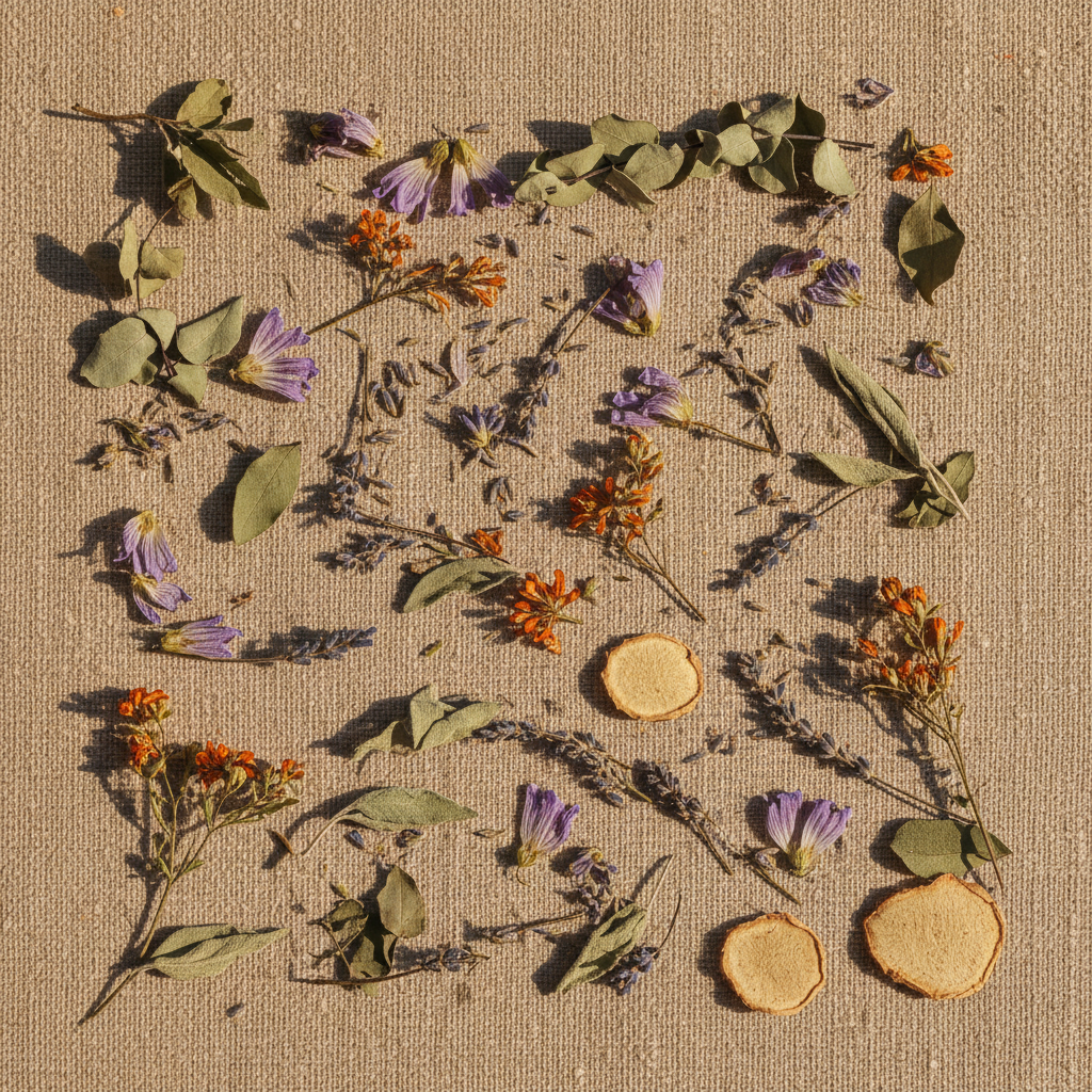 Plantas secas BRONQUIFLU: eucalipto, malva, lavanda, salvia, mejorana, erísimo y jengibre secos sobre lienzo de lino