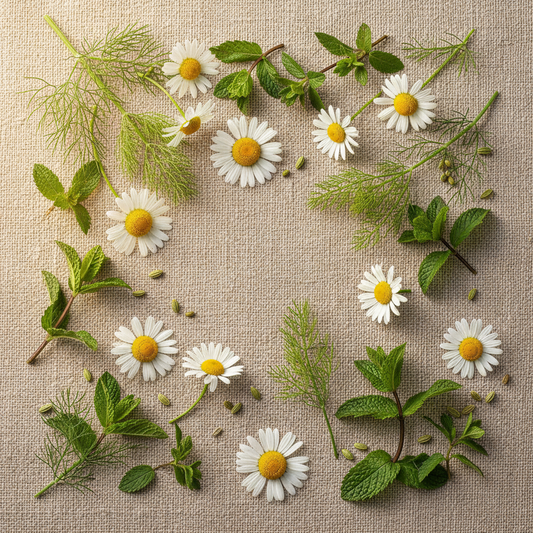 Plantas frescas DIGESCOL: manzanilla, hinojo, menta y poleo sobre lienzo de lino con luz dorada