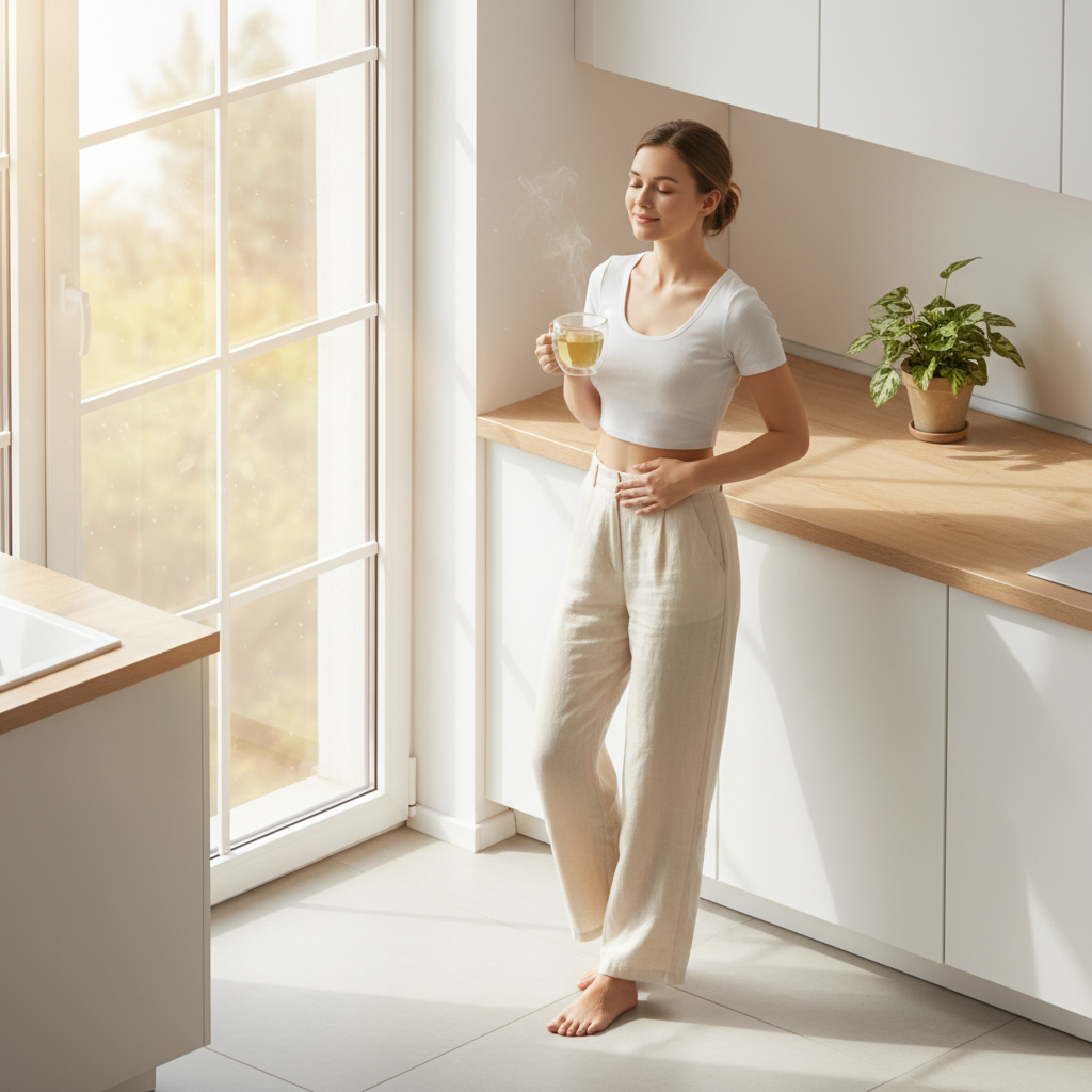 Mujer joven en cocina minimal bebiendo infusión diurética DIURMODEL con sensación de ligereza y bienestar