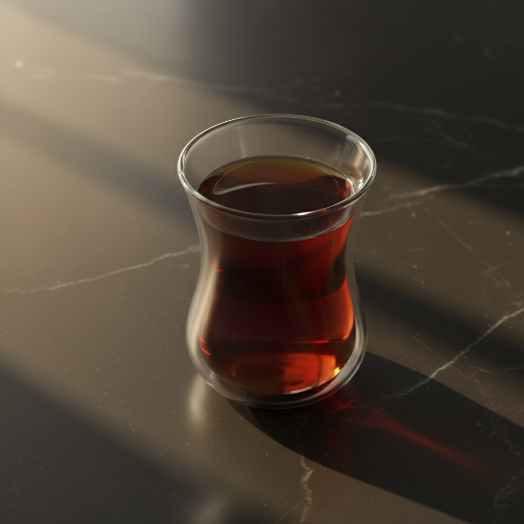 Té negro turco çay en taza tulipán ince belli de vidrio de doble pared sobre mármol negro con luz dorada