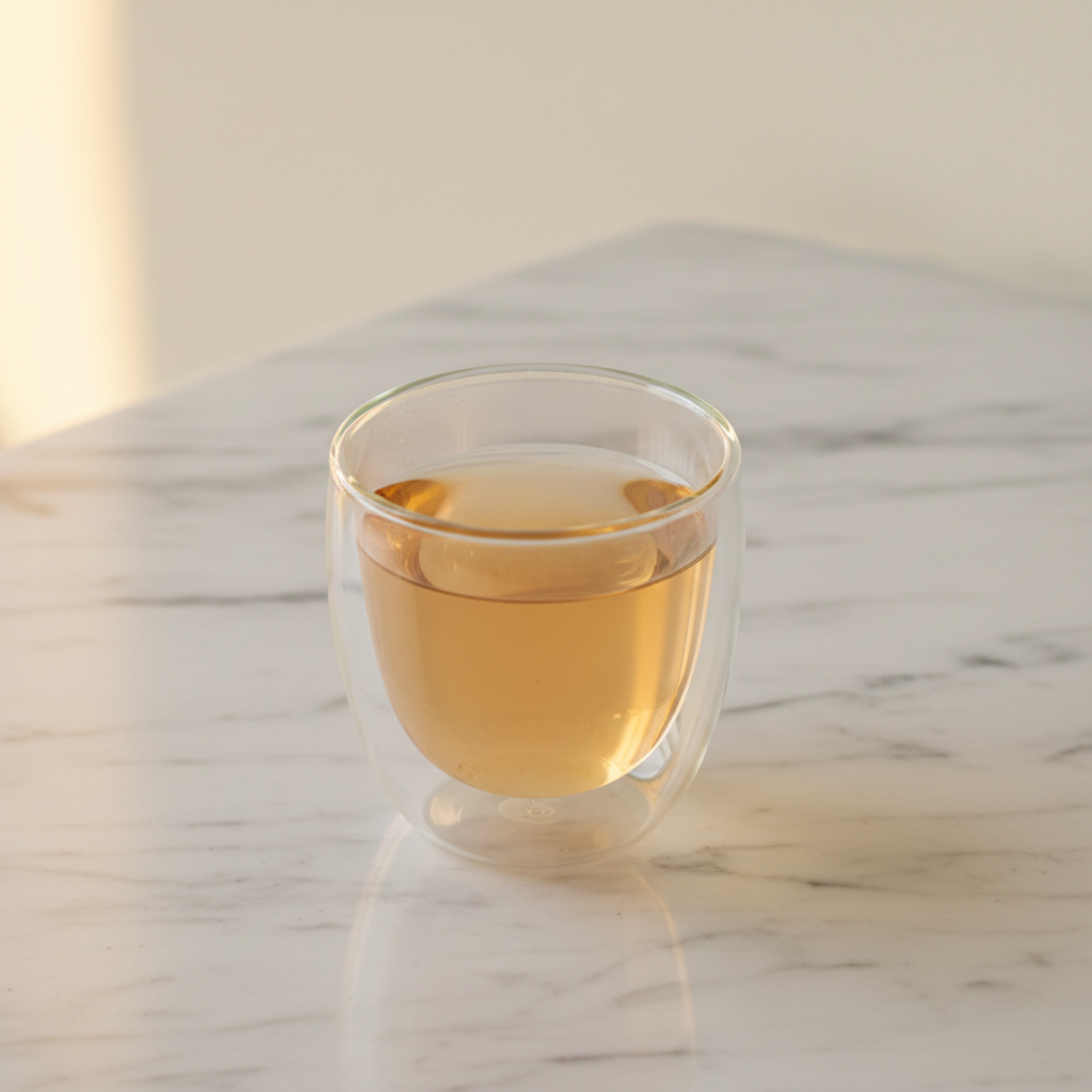 Infusión de espino blanco en taza de doble vidrio térmico sobre mesa minimal
