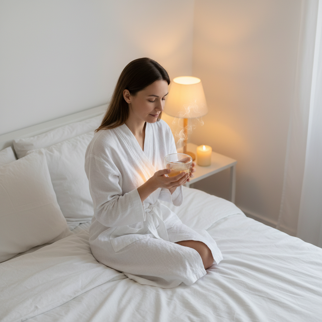 Mujer joven en bata blanca bebiendo infusión relajante RELINSOM en taza de cristal en dormitorio minimal con vela