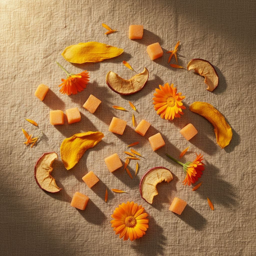 Trozos de mango, melón y manzana deshidratados con flores de caléndula sobre lienzo de lino con luz dorada, composición minimalista