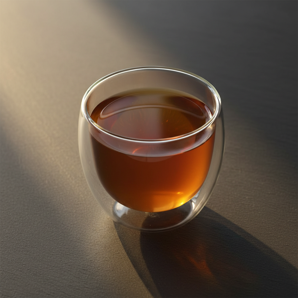 Decocción de raíz de equínácea en taza de doble vidrio térmico sobre mesa minimal