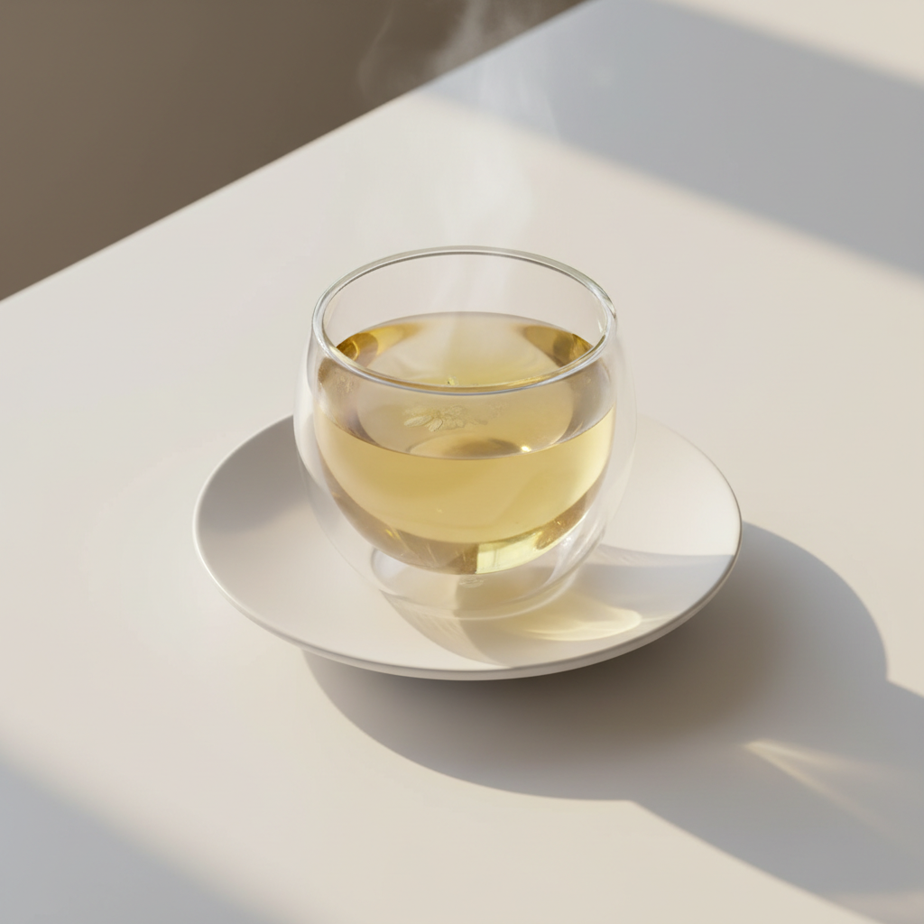 Infusión de manzanilla en taza de doble vidrio térmico sobre mesa minimal