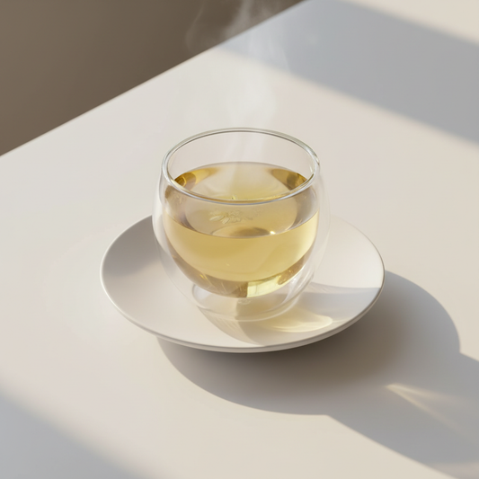 Infusión de manzanilla en taza de doble vidrio térmico sobre mesa minimal