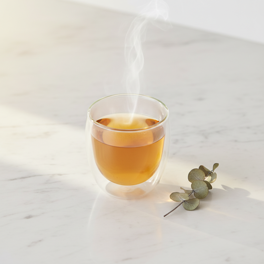 Infusión BRONQUIFLU servida en taza de cristal de doble pared sobre mesa minimal con vapor y luz dorada