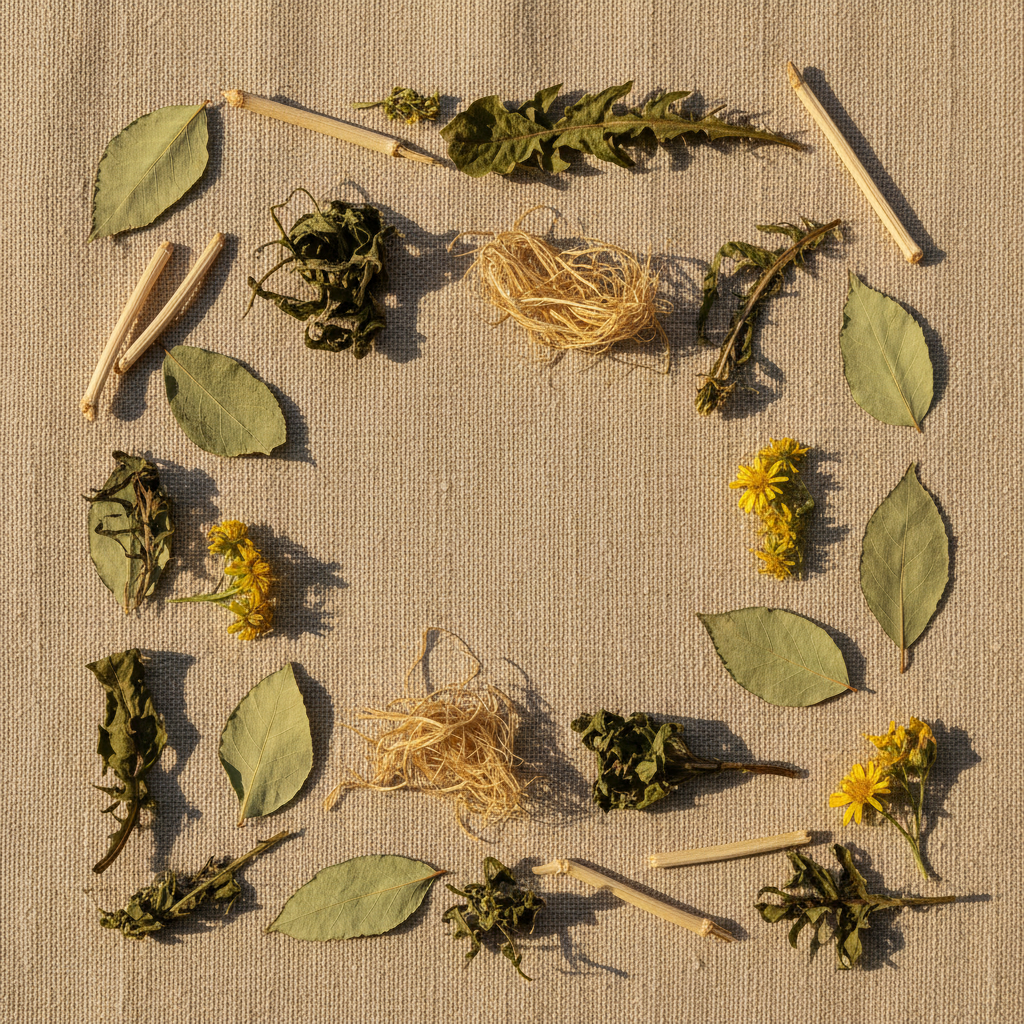 Plantas secas DIURMODEL: cola de caballo, diente de león, estigmas de maíz, ortosifón, abedul y vellosilla secos sobre lienzo de lino