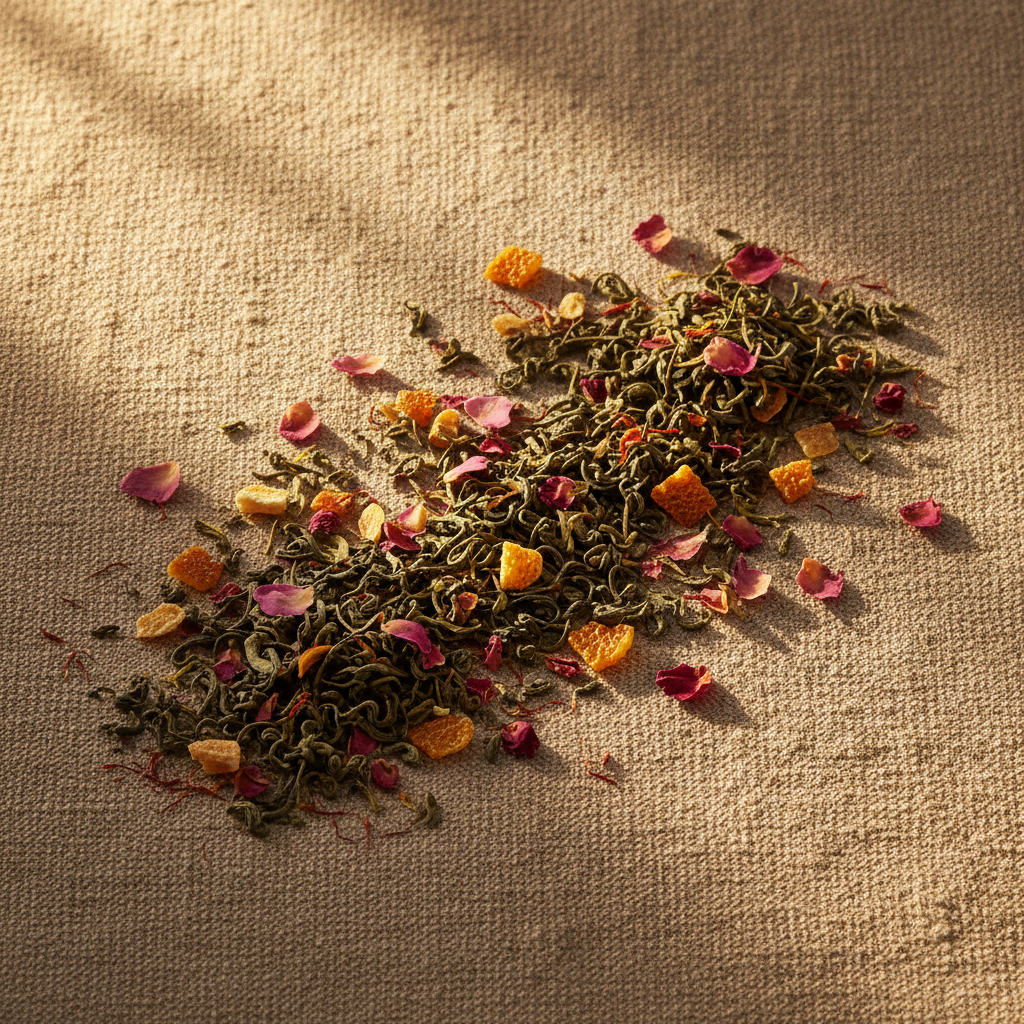 Hojas de té verde con azafrán, naranja y pétalos de rosa sobre lino natural con luz dorada