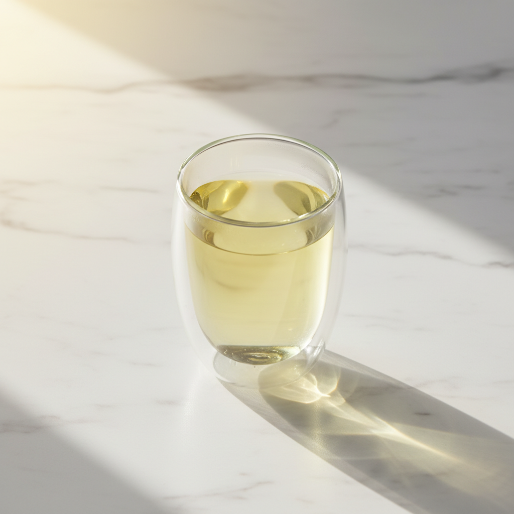 Té verde silueta de verano servido en taza alta de vidrio de doble pared, líquido verde-amarillo pálido luminoso, mesa de mármol blanco con luz dorada