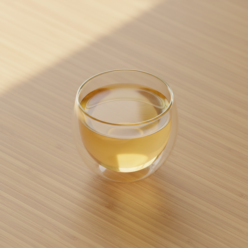 Té blanco tropical servido en taza de vidrio de doble pared, líquido dorado pálido cálido y luminoso, mesa de bambú claro con luz dorada