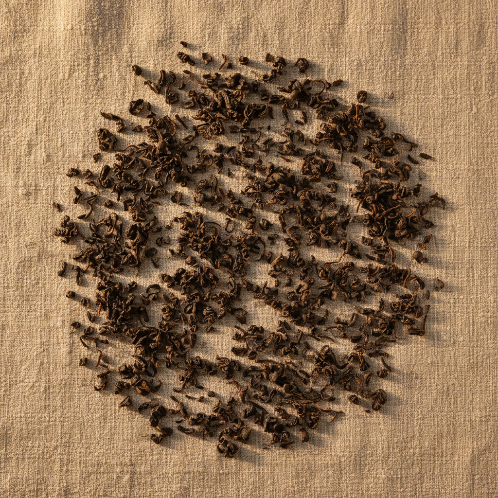Hojas finas de té negro turco çay sobre lienzo de lino con luz dorada natural, composición minimalista