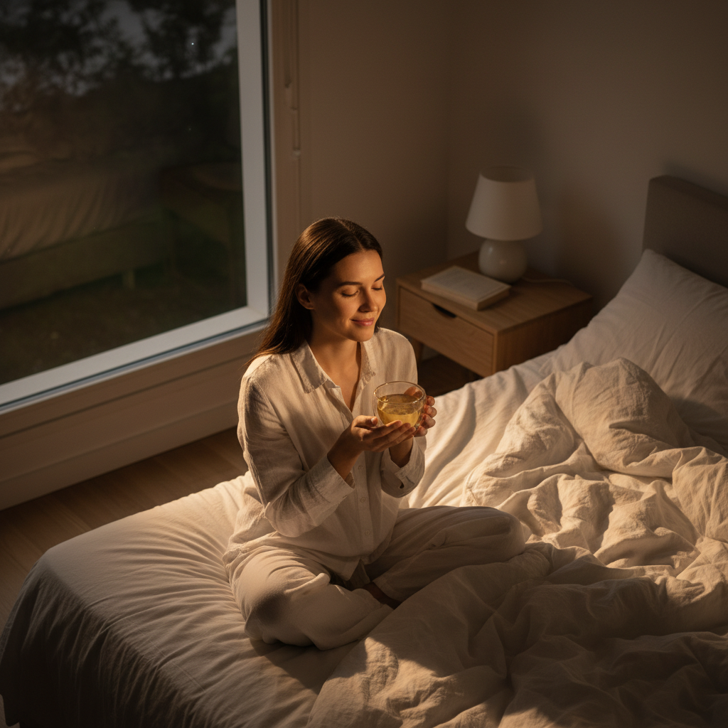 Mujer joven bebiendo infusión de tila en taza de doble vidrio, dormitorio minimal nocturno, ritual de descanso antes de dormir