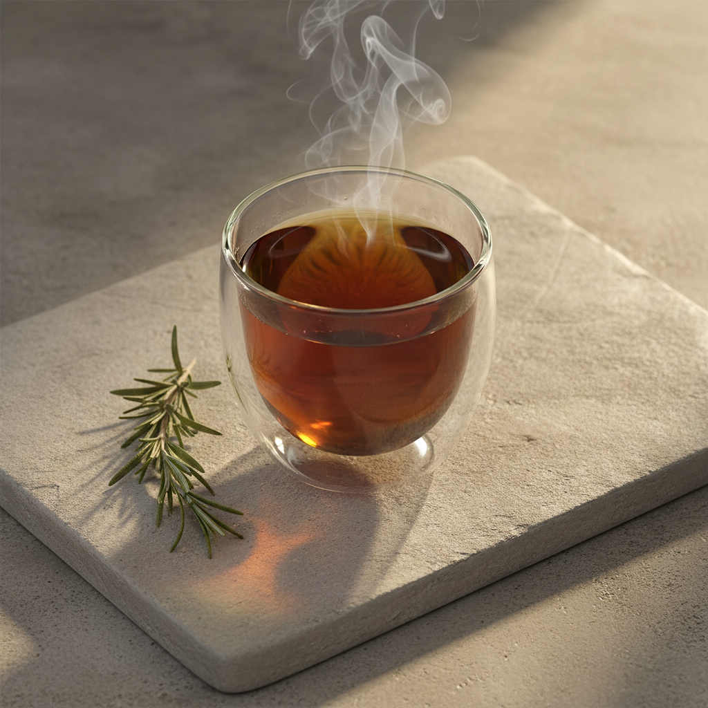 Infusión RENATEND servida en taza de cristal de doble pared ámbar oscuro sobre superficie de piedra minimal