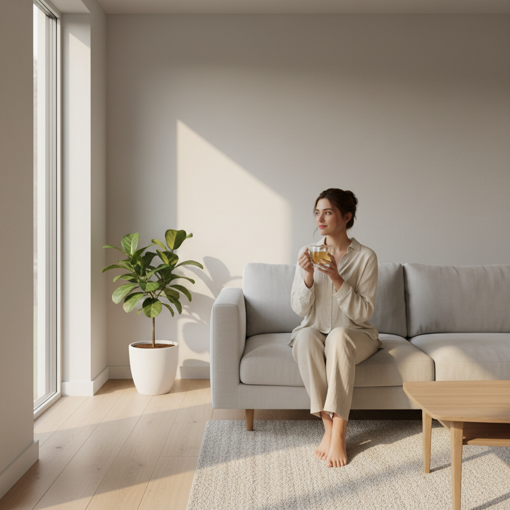 Mujer joven bebiendo infusión de melón y mango en taza de vidrio de doble pared en salón minimal veraniego con luz dorada