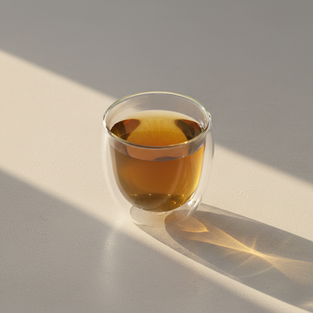 Infusión de boldo en taza de doble vidrio térmico sobre mesa minimal