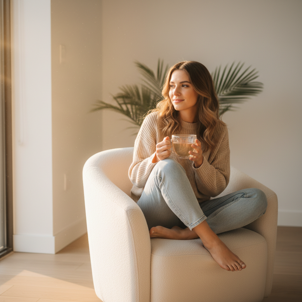 Mujer joven en interior minimal luminoso con hoja tropical suavemente difuminada al fondo bebiendo té blanco tropical en taza de vidrio de doble pared con luz dorada intensa