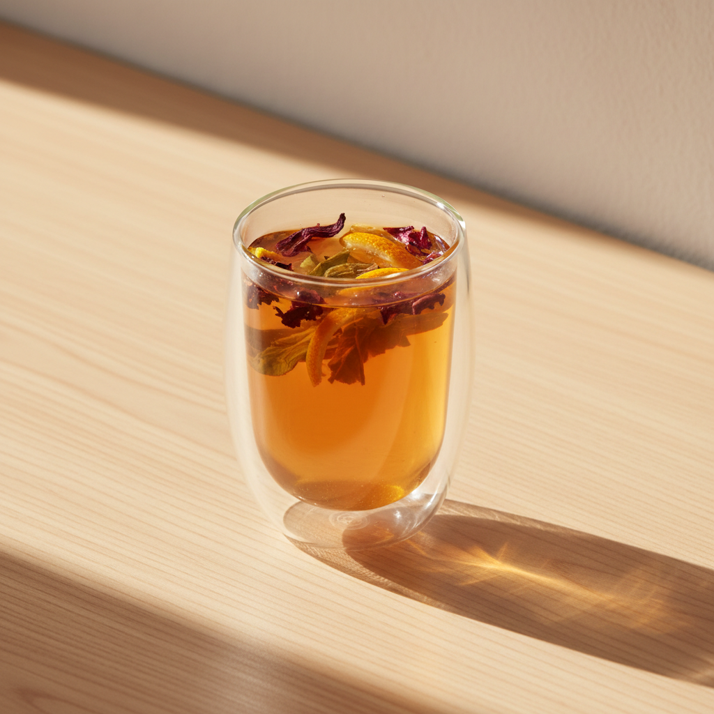 Té verde atardecer en Toledo servido en taza de vidrio de doble pared, líquido ámbar-naranja rojizo, mesa de madera clara con luz dorada