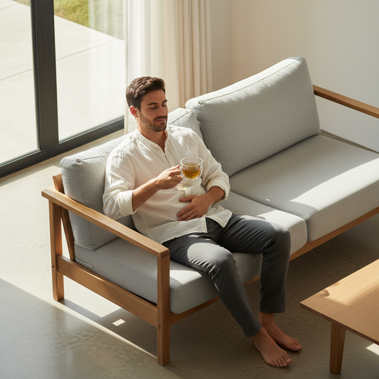 Hombre joven bebiendo infusión de boldo en taza de doble vidrio, salón minimal, alivio digestivo postcomida