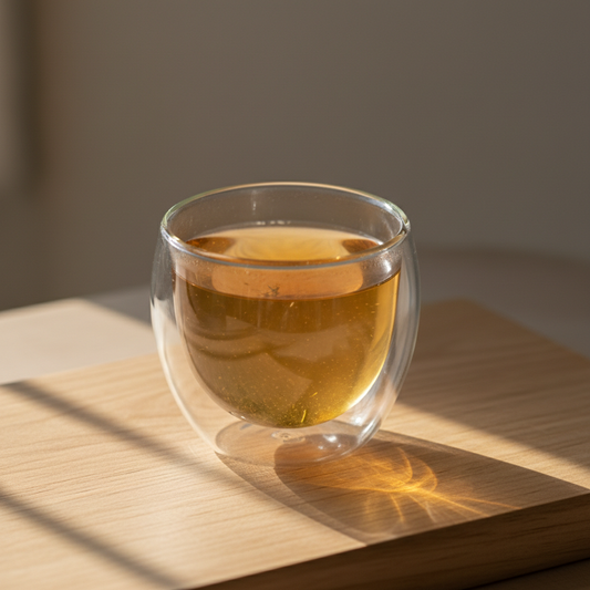 Infusión de diente de león en taza de doble vidrio térmico sobre mesa minimal