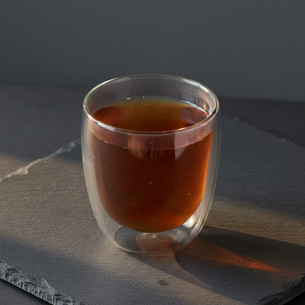 Infusión de valeriana en taza de doble vidrio térmico sobre mesa minimal